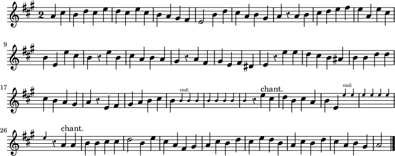 
\relative c'' {
  \override Rest #'style = #'classical
  \key a \major
  \override Staff.TimeSignature #'style = #'single-digit
  \time 2/2
  \partial 2
  a cis
  b d cis e
  d cis e cis
  b a gis fis
  e2 b'4 d
  cis a b gis
  a r a b
  cis d e fis

  e a, e' cis
  b e, e' cis
  b r e b
  cis a b a
  gis r a fis
  gis e fis dis
  e r e' e
  d cis b ais
  b b d d

  cis b a gis
  a r e fis
  gis a b cis
  b \new CueVoice {
    \stemUp b^"viol:" b b
    b b b b
    b
  } \stemNeutral r e^"chant." cis
  d b cis a
  b e, \new CueVoice {
    \stemUp e'^"viol:" e
    e e e e
    e
  } \stemNeutral r a,^"chant." a
  b b cis cis
  d2 b4 e
  cis a fis gis
  a cis b d
  cis e d b
  a cis b d
  cis a b gis
  a2
  \bar "|."
}
