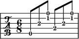 
\new TabStaff {
  \set Staff.midiInstrument = "acoustic guitar (steel)"
  \tabFullNotation
  \stemUp
  \numericTimeSignature
  \time 6/8
  a,8\5 a\3 <c'\2 e'\1> e8\4 a\3 <c'\2 e'\1> |
}
