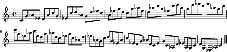 
{

\modalTranspose c c' { c d ees g aes } { c8 g aes ees } 
\modalTranspose c d' { c d ees g aes } { c g aes ees } 
\modalTranspose c ees' { c d ees g aes } { c g aes ees } 
\modalTranspose c g' { c d ees g aes } { c g aes ees } 
\modalTranspose c aes' { c d ees g aes } { c g aes ees } 
\modalTranspose c c'' { c d ees g aes } { c g aes ees } 
\modalTranspose c d'' { c d ees g aes } { c g aes ees } 
\modalTranspose c ees'' { c d ees g aes } { c g aes ees } 
\modalTranspose c g'' { c d ees g aes } { c g aes ees } 

\modalInversion c ees''' { c d ees g aes } { c g aes ees } 
\modalInversion c d''' { c d ees g aes } { c g aes ees } 
\modalInversion c c''' { c d ees g aes } { c g aes ees } 
\modalInversion c aes'' { c d ees g aes } { c g aes ees } 
\modalInversion c g'' { c d ees g aes } { c g aes ees } 
\modalInversion c ees'' { c d ees g aes } { c g aes ees } 
\modalInversion c d'' { c d ees g aes } { c g aes ees } 
\modalInversion c c'' { c d ees g aes } { c g aes ees } 
\modalInversion c aes' { c d ees g aes } { c g aes ees } 
\modalInversion c g' { c d ees g aes } { c g aes ees } 
\modalInversion c ees' { c d ees g aes } { c g aes ees } 
\modalInversion c d' { c d ees g aes } { c g aes ees } 

c'2

\bar "|."
}
