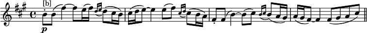 \relative c'''{\set Score.tempoHideNote = ##t \tempo 4 = 84 \key a \major \time 4/4 b,8-.\p^"[b]" b( fis'4)~fis8 e16( fis) \appoggiatura {d16[e]} d8( cis16 b) cis( d e8~)e4 e8( fis) \appoggiatura{cis16[d]} cis8( b16 a) fis8-. fis( b4~) b8( cis) \appoggiatura{b16[cis]} b8( a16 gis) a( gis fis8~)fis4 fis8 (gis a cis) \bar "||"}\layout{\context{\Score
\override NonMusicalPaperColumn.line-break-permission = ##f
\override NonMusicalPaperColumn.page-break-permission = ##f}}