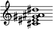 {
  % Rivin lopun pystyviiva ja tahtiosoitus piiloon.
  \override Score.BarLine.break-visibility = ##(#f #t #t)
  \override Staff.TimeSignature #'stencil = ##f
  
  <cis' eis' gis' ais' dis''>1
}
