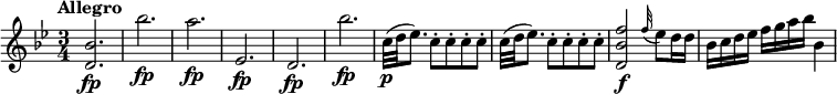 
\relative c' { 
     \version "2.18.2"
     \clef "treble" 
     \tempo "Allegro" 
     \key bes  \major
     \time 3/4
    <d bes'>2. \fp  bes''  \fp  a \fp ees, \fp  d  \fp bes'' \fp
    c,32\p (d ees8.) c8-. c8-. c8-. c8-. c32 (d ees8.) c8-. c8-. c8-. c8-. 
    <d, bes' f'>2\f \grace f'32  (ees8) d16 d
    bes c d ees f g a bes bes,4
}
