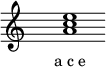 
\relative f'{
\override Staff.TimeSignature #'stencil = ##f
\cadenzaOn s1 <a c e> s1 \cadenzaOff
}
\addlyrics { \small { a_c_e } } 
