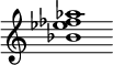 {
  % Rivin lopun pystyviiva ja tahtiosoitus piiloon.
  \override Score.BarLine.break-visibility = ##(#f #t #t)
  \override Staff.TimeSignature #'stencil = ##f
  
  <bes' ees'' fes'' aes''>1
}
