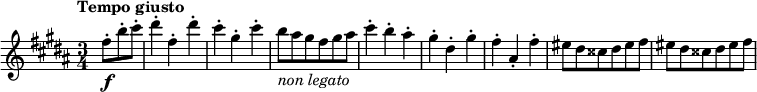 \relative c'' {
\tempo "Tempo giusto"
\time 3/4
\key b \major
\partial 8*3

fis8-.\f b-. cis-. | dis4-. fis,-. dis'-. | cis-. gis-. cis-. | b8-\markup{\italic "non legato"} ais gis fis gis ais | cis4-. b-. ais-. |
gis-. dis-. gis-. | fis-. ais,-. fis'-. | eis8 dis cisis dis eis fis | eis dis cisis dis eis fis |
}