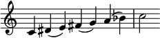  {
\override Score.TimeSignature #'stencil = ##f
\relative c' {
  \clef treble \time 7/4
  c4 dis (e) fis (g) a (bes) c2
} }
