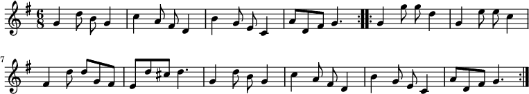 { \relative g' { \key g \major \time 6/8
 \repeat volta 2 {
  g4 d'8 b g4 | c4 a8 fis d4 | b' g8 e c4 | a'8 d, fis g4. }
 \repeat volta 2 {
  g4 g'8 g d4 | g, e'8 e c4 | fis, d'8 d g, fis |
  e d' cis d4. | g,4 d'8 b g4 | c4 a8 fis d4 |
  b'4 g8 e c4 | a'8 d, fis g4. } } }