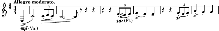 
\relative c' \new Staff {
 \key e \minor \time 3/4 \tempo "Allegro moderato." \partial 4
  e,_\markup { \dynamic mp (Va.) } \< ( c'2\! ) \times 2/3 { c8\> ( d c) } b2.~ b8\! r8 r4 r
  r r \times 2/3 { e8_\markup { \dynamic pp (Fl.) } ( dis e) } fis4-> ( e) e--
  r r \times 2/3 { fis8\p ( e fis) } a4-> ( g) g--
}
