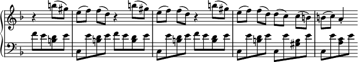 
 \relative c' {
  \new PianoStaff <<
   \new Staff \with { \remove "Time_signature_engraver" } { \key d \minor \time 4/4 \partial 2
    r4 b''8( gis) e( f) f[( d)] r4 b'8( gis) e( f) f[( d)] r4 b'8( gis) e( f) f[( d)] d( c) c[( b)] b( c) a4-.
   }
   \new Staff \with { \remove "Time_signature_engraver" } { \key d \minor \time 4/4 \clef bass
    f8 e <d b> e c, e' <d b> e f e <d b> e c, e' <d b> e f e <d b> e c, e' <d b> e c, e' <b gis> e c, e' <c a> e
   }
  >>
 }
