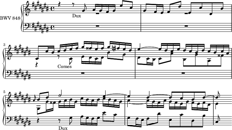 
\version "2.18.2"
\header {
  tagline = ##f
}

Dux          = { r4 r8_\markup{Dux} gis8 ais16 gis fis gis eis'8 cis gis fis16 eis fis8 dis' eis, cis' dis, bis' cis, }
Comes        = { r4 r8_\markup{Comes} cis8 eis16 dis cis dis bis'8 gis dis cis16 bis cis8 ais' bis, gis' ais, fisis' gis, }
ContreSujet  = { cis16 bis cis dis eis fis gis fisis eis fisis gis fis eis dis eis4~ eis16 dis cis eis dis cis bis dis cis bis cis ais } 

upper = \relative c'' {
  \clef treble 
  \key cis \major
  \time 4/4
  \tempo 4 = 92  \set Staff.midiInstrument = #"harpsichord" 

   %% FUGUE CBT I-13, BWV 858, fa-dièse majeur
   << { \Dux \relative c'' \ContreSujet \grace ais'16 bis8 dis fis2 eis4~ eis dis~ dis8 cis bis dis~ dis } \\ { R1*2 \relative c' { \Comes } gis,16 fisis gis ais bis gis cis bis ais bis cis bis ais gis ais4~ ais16 gis fis ais gis fis eis gis fis eis fis dis eis4 } >>

}

lower = \relative c' {
  \clef bass 
  \key cis \major
  \time 4/4
  \set Staff.midiInstrument = #"harpsichord" 
    
   R1*4 \Dux

}

\score {
  \new PianoStaff <<
    \set PianoStaff.instrumentName = #"BWV 848"
    \new Staff = "upper" \upper
    \new Staff = "lower" \lower
  >>
  \layout {
    \context {
      \Score
      \remove "Metronome_mark_engraver"
      %\override SpacingSpanner.common-shortest-duration = #(ly:make-moment 1/2) 
    }
  }
  \midi { }
}
