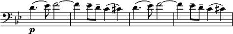 
\relative c' \new Staff \with { \remove "Time_signature_engraver" } { 
 \key g \minor \time 4/4 \set Score.tempoHideNote = ##t \tempo "" 4=132 \clef bass
 d4.\p( es8) f2~ f4 es8-- d-- c4( cis) d4.( es8) f2~ f4 es8-- d-- c4( cis)
}
