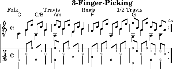 
\version "2.20.0"
\header {
  title="3-Finger-Picking"
  encoder="mjchael"
}
%Diskant- bzw. Melodiesaiten
Diskant = {
 \mark "Folk" c4    g8 e'   b, c' g4   | % 1 Folk
 \mark "Travis" e'8 c' a e'   e  c' a4   | % 2 Travis
 \mark "Basis" f8  c' a f'   a, c' a  f'| % 3 Basis
 \mark "1/2 Travis" g'8 b  g g'   c' g  d' g | % 4 Travis
  \mark "4x"
}
%Basssaiten, die hier nur mit dem Daumen gespielt werden.
Bass = {
  c4 g  b, g a, a  e a f a a, a g, g a, b,
}
% Layout- bzw. Bildausgabe
\score {
  <<
    \new ChordNames {
      \chordmode {
        c2 c:/b a1:m f g
      }
    }
    {
      %Noten
      \new Staff  <<
        \tempo 4 = 120
        %Tempo ausblenden
        \set Score.tempoHideNote = ##t
        \time 4/4
        \key c \major
        \set Staff.midiInstrument = #"acoustic guitar (nylon)"
        \clef "G_8" \repeat volta 4
        % Balken nur über viertel Noten,  nicht über halbe Noten
        \set Timing.beamExceptions = #'()
        \set Timing.baseMoment = #(ly:make-moment 1/4)
        \set Timing.beatStructure = #'(1 1 1 1)
        % Noten im Diskant
        \Diskant
        \\
        % Noten im Bass - beachte: Wiederholungszeichen ist für Midi notwendig!
        \repeat volta 4
        \Bass
      >>
    }
    % Tabulatur
    \new TabStaff {
      \tabFullNotation \repeat volta 4
      <<
        % Tabulatur im Diskant
        \Diskant
        \\
        % Tabulatur im Bass
        \Bass
      >>
    }
  >>
  \layout {}
}
% Midiausgabe mit Wiederholungen, ohne Akkorde
\score {
  <<
    \unfoldRepeats {
      \new Staff  <<
        \tempo 4 = 120
        \time 4/4
        \key c \major
        \set Staff.midiInstrument = #"acoustic guitar (nylon)"
        \clef "G_8" \repeat volta 4
        \Diskant
        \\
        \repeat volta 4
        \Bass
      >>
    }
  >>
  \midi {}
}
% unterdrückt im raw="!"-Modus das DinA4-Format.
\paper {
  indent=0\mm
  % DinA4 0 210mm - 10mm Rand - 20mm Lochrand = 180mm
  line-width=180\mm
  oddFooterMarkup=##f
  oddHeaderMarkup=##f
  % bookTitleMarkup=##f
  scoreTitleMarkup=##f
}
