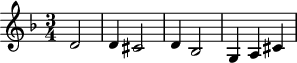 
\version "2.18.2"
\header {
  tagline = ##f
}

\score {
  \new Staff \with {

  }
<<
  \relative c' {
    \key d \minor
    \time 3/4
    \tempo 4 = 60
    \set Staff.midiInstrument = #"violin"

     %%% BWV 1004 — Chaconne
     \partial2 d2 d4 cis2 d4  bes2 g4 a cis

  }
>>
  \layout {
     \context { \Score \remove "Metronome_mark_engraver" }
  }
  \midi {}
}
