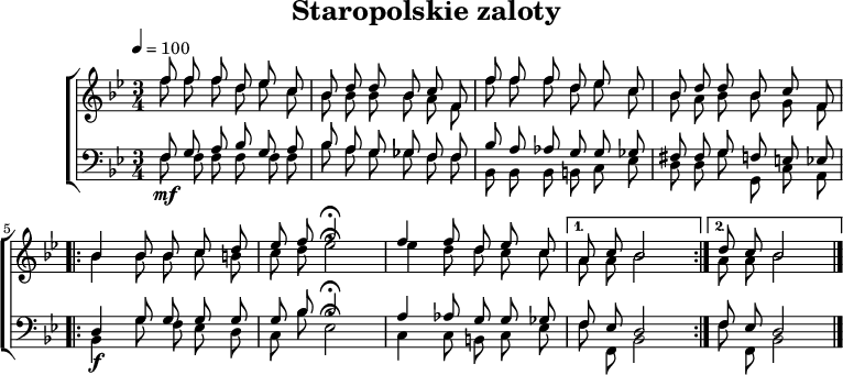 
\version "2.20.0"

\header{
title = "Staropolskie zaloty"
poet = ""
composer = ""
arranger = ""
tagline = ""
}

global = {
\key bes \major
\time 3/4
\tempo 4 = 100
}

melodia =
\new ChoirStaff <<
\new Staff = "RH" \with { midiInstrument = "viola" } {

\clef treble
\global


<<
   \new Voice = "sop" \relative c'' { \stemUp \autoBeamOff
      f8 f f d es c |
      bes d d bes c f, |
      f' f f d es c |
      bes d d bes c f, |

      \repeat volta 2{
         bes4 bes8 bes c d |
         es f g2 \fermata |
         f4 f8 d es c |
      }
      \alternative{
         { a8 c bes2 | }
         { d8 c bes2 \bar "|." }
      }
   }
   \new Voice = "alt" \relative c'' { \stemDown \autoBeamOff
      f8 f f d es c |
      bes bes bes bes a f |
      f'8 f f d es c |
      bes a bes bes g f |

      \repeat volta 2{
         bes4 bes8 bes c b |
         c d es2 \fermata |
         es4 d8 d c c | 
      }
      \alternative{
         { a8 a bes2 | }
         { a8 a bes2 \bar "|." }
      }
   }
>>
}
\new Staff = "LH"  \with { midiInstrument = "cello" } {
%\relative c {
\clef bass
\global


<<
   \new Voice = "ten" { \stemUp \autoBeamOff
      f8 g a bes g a |
      bes a g ges f f |
      bes a as g g ges |
      fis fis g f e es |
_\f
      \repeat volta 2{
         d4 g8 g g g |
         g bes bes2 \fermata |
         a4 as8 g g ges |
      }
      \alternative{
         { f8 es d2 | }
         { f8 es d2 \bar "|." }
      }
   }
   \new Voice = "bss" { \stemDown \autoBeamOff
_\mf
      f8 f f f f f |
      bes a g ges f f |
      bes, bes, bes, b, c es |
      d d g g, c a, |

      \repeat volta 2{
         bes,4 g8 f es d |
         c bes es2 \fermata |
         c4 c8 b, c es |
      }
      \alternative{
         { f8 f, bes,2 | }
         { f8 f, bes,2 \bar "|." }
      }
   }
>>

}
>>

\score{
   \melodia
   \layout{}
}
\score{
   \unfoldRepeats
   \melodia
   \midi{}
}
