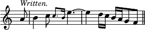 { \relative a' { \override Score.TimeSignature #'stencil = ##f \time 6/8
  \partial 8 a8^\markup \italic "Written." |
  b4 c8 \grace { c8. b16 } e4. ~ | e4 d16[ c] b[ a g8 f] \bar "||" } }