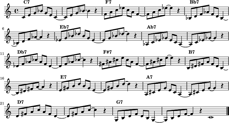 
{
\clef treble

\transpose c 	c'	 { c8^\markup { \null \translate #'(-1 . 1) \bold	C7	} e g bes g e c4~ c8 e g bes~ bes4 r4 }
\transpose c 	f'	 { c8^\markup { \null \translate #'(-1 . 1) \bold	F7	} e g bes g e c4~ c8 e g bes~ bes4 r4 }
\transpose c 	bes	 { c8^\markup { \null \translate #'(-1 . 1) \bold	Bb7	} e g bes g e c4~ c8 e g bes~ bes4 r4 }
\transpose c 	ees'	 { c8^\markup { \null \translate #'(-1 . 1) \bold	Eb7	} e g bes g e c4~ c8 e g bes~ bes4 r4 }
\transpose c 	aes	 { c8^\markup { \null \translate #'(-1 . 1) \bold	Ab7	} e g bes g e c4~ c8 e g bes~ bes4 r4 }
\transpose c 	des'	 { c8^\markup { \null \translate #'(-1 . 1) \bold	Db7	} e g bes g e c4~ c8 e g bes~ bes4 r4 }
\transpose c 	fis'	 { c8^\markup { \null \translate #'(-1 . 1) \bold	"F#7"	} e g bes g e c4~ c8 e g bes~ bes4 r4 }
\transpose c 	b	 { c8^\markup { \null \translate #'(-1 . 1) \bold	B7	} e g bes g e c4~ c8 e g bes~ bes4 r4 }
\transpose c 	e'	 { c8^\markup { \null \translate #'(-1 . 1) \bold	E7	} e g bes g e c4~ c8 e g bes~ bes4 r4 }
\transpose c 	a	 { c8^\markup { \null \translate #'(-1 . 1) \bold	A7	} e g bes g e c4~ c8 e g bes~ bes4 r4 }
\transpose c 	d'	 { c8^\markup { \null \translate #'(-1 . 1) \bold	D7	} e g bes g e c4~ c8 e g bes~ bes4 r4 }
\transpose c 	g	 { c8^\markup { \null \translate #'(-1 . 1) \bold	G7	} e g bes g e c4~ c8 e g bes~ bes4 r4 }
		
\bar ":|"

c'1

\bar "|."

}
