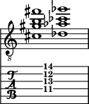  
<<
  %\override Score.BarLine.break-visibility = ##(#f #t #t)
  \time 2/1
    \new Staff  {
    \clef "treble_8"
        \once \override Staff.TimeSignature #'stencil = ##f
        <  cis' gis' b' fis''>1 | <  des' aes' ces'' ges''>1 |
    }

     \new TabStaff {
       \override Stem #'transparent = ##t
       \override Beam #'transparent = ##t 
      s2 <  cis'\4 gis'\3 b'\2 fis''\1>1 s2
  }
>>
