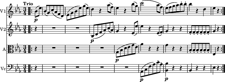 
\version "2.18.2"
 << \new Staff \with { instrumentName = #"V1"}
 \relative c'' {
    \key ees \major 
    \time 3/4
    \tempo "Trio"
    \tempo 4 = 120
     \bar ".|:" \partial 4 bes8 \p (ees) 
     bes (g) c (aes f d)
     ees (g bes ees) g (ees)
     d4 r aes'8 (f)
     ees4 r bes'8 (g)
     c2 (aes8 f)
     ees (f g aes) bes-. bes-.
     bes4 r d,
     ees r \bar ":|."
 }
 \new Staff \with { instrumentName = #"V2"}
  \relative c'' {
    \key ees \major
    \bar ".|:" \partial 4 r4
    \repeat unfold 2 {R1*3/4}
    bes,8 \p (d f aes) c (aes)
    g4 r ees8 (ees')
    ees4 r ees,8 (f)
    g4 r r
    \repeat unfold 6 {f8-.}
    g4 r \bar ":|."
  }
  \new Staff \with { instrumentName = #"A"}
  \relative c'' {
    \clef "alto"
    \key ees \major
     \bar ".|:" \partial 4 r4 
     \repeat unfold 3 {R1*3/4}
     g,8 \p (bes d ees g ees)
     aes4 r r g r r 
      \repeat unfold 6 {bes,8-.}
      ees,4 r
     \bar ":|."
  }
    \new Staff \with { instrumentName = #"Vc"}
  \relative c' {
    \clef "bass"
    \key ees \major
    
     \bar ".|:" \partial 4 r4
     \repeat unfold 4 {R1*3/4}
     aes,8 \p (c f aes) c-. aes-.
     <bes, bes'>4 \p r r
     bes r r
     ees r
     \bar ":|."
  }
  >>
