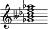 {
  % Rivin lopun pystyviiva ja tahtiosoitus piiloon.
  \override Score.BarLine.break-visibility = ##(#f #t #t)
  \override Staff.TimeSignature #'stencil = ##f
  
  <ges' beses' des'' f'' aes''>1
}
