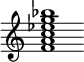 {
  % Rivin lopun pystyviiva ja tahtiosoitus piiloon.
  \override Score.BarLine.break-visibility = ##(#f #t #t)
  \override Staff.TimeSignature #'stencil = ##f
  
  <f' a' c'' ees'' g'' bes''>1
}
