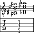  
<<
  %\override Score.BarLine.break-visibility = ##(#f #t #t)
  \time 2/1
    \new Staff  {
    \clef "treble_8"
        \once \override Staff.TimeSignature #'stencil = ##f
        <cis eis b dis' gis' >1 | <des f ces' ees' aes' >1 |
    }

     \new TabStaff {
       \override Stem #'transparent = ##t
       \override Beam #'transparent = ##t 
      s2 <cis\6 f\5 b\4 dis'\3 gis'\2 >1 s2
  }
>>
