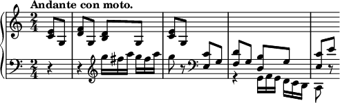 
\relative c' {
  \new PianoStaff <<
   \new Staff = "R" {
    \key c \major \time 2/4 \set Score.tempoHideNote = ##t \tempo "Andante con moto." 4=62 \partial 4
    <e c>8 g, <f' d> g, <d' b> g, <e' c> g, \change Staff = "L" \stemUp <c e,> g
    <d' f,> g, <b d,> g <c e,> e
   }
   \new Staff = "L" { \key c \major \time 2/4 \clef bass
    r4 r \clef treble g'16*2/3[ fis a] g fis a g8 r \clef bass s4
    r \stemDown g,,,16*2/3[ a g] f e d c8 r
   }
  >>
 }
