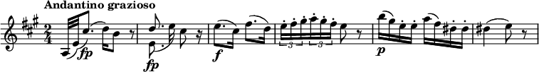 
\relative c'' {
   \key a \major
   \time 2/4
   \tempo "Andantino grazioso" 
 \grace (a,32 e'32) (cis'8.)\fp  (d16) b8 r8
  << { d8.\fp} \\{e,8._(e'16)}>> cis8 r16
  e8.\f (cis16) fis8. (d16)
  \tuplet 3/2 {e16-. fis-. gis-. } \tuplet 3/2 {a-. gis-. fis-. } e8 r8
  b'16\p (gis) e-. e-. a (fis) dis-. dis-.
  dis4 (e8) r8
}
