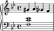 
\new PianoStaff <<
  \new Staff { \key bes \major gis'4 a' \tweak Accidental.restore-first ##t ges' f' }
  \new Staff { \clef bass \key bes \major <f c' es'>1 }
>>
