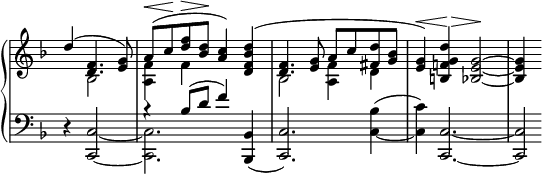 
\relative c'' {
  \new PianoStaff <<
   \new Staff \with { \remove "Time_signature_engraver" } {
    \key f \major \time 4/4 \set Score.tempoHideNote = ##t \tempo "" 4=94 \partial 2.
    <<
     {
      d4( <f, d>4. <g e>8) a( ^\< c\! <f d>^\> <d bes>\! <c a>4) <d bes f d>(
      <f, d>4. <g e>8 a c <d fis,> <bes g> <g e>4) ^\< <d' g, f! b,!>( ^\> <g,~ e_~ bes_~>2\! q4
     }
    \\
     { s4 bes,2 <f' a,>4 f s2 bes, <f' a,>4 d }
    >>
   }
   \new Staff \with { \remove "Time_signature_engraver" } {
    \key f \major \time 4/4 \clef bass
    <<
     { s2. bes4\rest bes8( d f4) s s1 }
    \\
     {
      d,4\rest \stemUp <c~ c,~>2 \stemDown q2. \stemUp <bes bes,>4( 
      <c c,>2.) \stemDown <bes' c,~>4^( <c c,>) \stemUp <c,~ c,~>2. q2*1/2
     }
    >>
   }
  >>
 }
