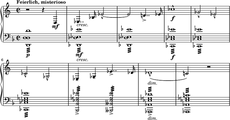 
 \relative c {
  \new PianoStaff <<
   \new Staff {
    \set Staff.midiInstrument = #"french horn" \clef treble \time 2/2 \set Score.tempoHideNote = ##t \tempo "Feierlich, misterioso" 2 = 55
       r2 r4 d4 \mf |
       es4.. _\markup { \italic "cresc." } bes'16 es2 -^ ~ |
       es2 d!4.. -> es16 |
       ces'1 -^ \f |
       ges2 -^ es2 -^ | 
       ces2 -^ ges2 -^ | 
       es4 -- ges4 -- es'4.. -> des16 |
       des1 -^ _\markup { \italic "dim." } ( |
       c!2 ) r2 | 
     }
  \new Staff {
   \set Staff.midiInstrument = #"string ensemble 1" \key d \minor \clef bass
      < d d, d d, >1:32 \p |
      < es es, des des, >1: \mf _\markup { \italic "cresc."} |
      < es es, des des, >1: |
      < es es, ces ces, >1: \f |
      < es es, ces ces, >1: |
      < es ges, es ces ces, >1: |
      < es ges, es bes bes, >2: ->  < es ges, es beses beses, >2: -> |
      < des ges, es aes, aes, >1: _\markup { \italic "dim."} -> |
      < c! ges es aes, aes, >1:
    }
  >>
}
