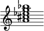 {
  % Rivin lopun pystyviiva ja tahtiosoitus piiloon.
  \override Score.BarLine.break-visibility = ##(#f #t #t)
  \override Staff.TimeSignature #'stencil = ##f
  
  <a' cis'' ees'' g'' bes''>1
}
