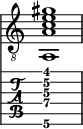  
<<
  %\override Score.BarLine.break-visibility = ##(#f #t #t)
  \time 1/1
    \new Staff  {
    \clef "treble_8"
        \once \override Staff.TimeSignature #'stencil = ##f
        <a,  a c' e' gis'>1
    }

     \new TabStaff {
       \override Stem #'transparent = ##t
       \override Beam #'transparent = ##t 
      <a,\6  a\4 c'\3 e'\2 gis'\1>1
  }
>>
