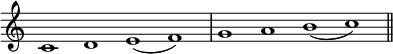 { \override Score.TimeSignature #'stencil = ##f \time 4/1
 c'1 d' e'( f') | g' a' b'_( c'') \bar "||" }