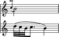 { \override Score.TimeSignature #'stencil = ##f \time 2/4 << \relative b' { \appoggiatura c4\turn b2 | }
\new Staff { \relative d'' { d32*2/3( c b c8. b4) } } >> }