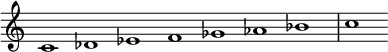  {\new Staff   \with { \remove "Time_signature_engraver" }   \relative c' {     \time 8/1     \set Score.tempoHideNote = ##t     \tempo 1 = 100     \partial 1*7 c1 des1 ees1  f1 ges1 aes1 bes1  c  } } 