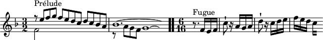 
\version "2.18.2"
\header {
  tagline = ##f
}

\score {
  \new Staff \with {

  }
<<
  \relative c'' {
    \key f \major
    \time 3/2

     %% INCIPIT CBT II-11, BWV 880, fa majeur
     << { r8^\markup{Prélude} e8 f g f e d c d c bes a | \once \override Staff.TimeSignature #'stencil = ##f \time 6/2 bes1.~ \hideNotes bes16 } \\ { f2 s1 r8 a8 g f g1^~ \hideNotes g16 } >> \bar ".."
     \partial 4.
     \time 6/16
     r8.^\markup{Fugue} f16 e f c'8-! r16 a16 g a d8-! r16 c16 d e f e d 
{ 
 % suppression des warnings :
 #(ly:set-option 'warning-as-error #f)
 #(ly:expect-warning (_ "stem does not fit in beam")) %% <= à traduire éventuellement
 #(ly:expect-warning (_ "beam was started here")) %% <= à traduire éventuellement
  \set stemRightBeamCount = #2
  c4*1/4[ s]
}

  }
>>
  \layout {
     #(layout-set-staff-size 17)
     \context { \Score \remove "Metronome_mark_engraver"  \override SpacingSpanner.common-shortest-duration =
        #(ly:make-moment 1/3) }
  }
  \midi {}
}
