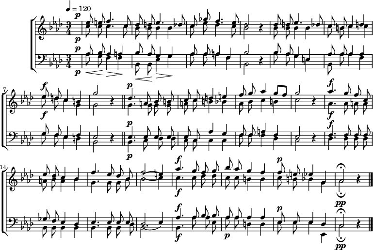 
\version "2.20.0"

\header{
title = ""
poet = ""
composer = ""
arranger = ""
tagline = ""
}

global = {
   \key as \major
   \time 3/4
   \tempo 4 = 120
}

\score{

\new ChoirStaff <<
\new Staff = "RH" \with { midiInstrument = "viola" }  {

\clef treble
\global


<<
   \new Voice = "sop" { \stemUp \autoBeamOff \relative c'' {
^\p   \partial 4 { s4 } |
      es8 e f4. c8 |
      des8 d es4. des8 |
      c8 ges' f4. es8 |
      des2 r4 |

      des8 d es4. des8 |
      c8 b c4 d |
^\f   es8 d c4 b |
      g'2 r4 \bar "||"
^\p
      des4. a8 bes b |
      c8 c d4 e |
      f8 g as4 g8[ f] |
      g2 r4 | 
^\f
      as4. g8 f c |
      es8 des c4 bes |
      f'4. es8 des bes |
      f'2( e4) |
^\f
      as4. g8 f g |
      bes8 as g4 f |
^\p   f8 e es4 g, |
      as2 \fermata r4 \bar "|."      
   } }
   \new Voice = "alt" { \stemDown \autoBeamOff \relative c'' {
_\p   \partial 4 { s4 } |

      c8 c c4. c8 |
      bes8 bes bes4 bes |
      c8 es des4. c8 |
      bes2 r4 |

      bes8 bes bes4 bes |
      c8 b c4 c |
_\f   es8 d c4 g |
      g2 r4 \bar "||"

      g4. g8 g g |
      a8 c b4 bes |
      as8 bes c4 b |
      c2 r4 |
_\f
      as4. as8 a a |
      a8 bes a4 bes |
      g4. g8 g bes |
      bes2( c4) |
_\f
      c4. c8 des des |
      c8 c b4 b |
      c8 b bes4 g |
      as2 _\fermata r4 \bar "|."    
   } }
>>
}
\new Staff = "LH" \with { midiInstrument = "cello" }  {
%\relative c {
\clef bass
\global

% des es as bes
<<
   \new Voice = "ten" { \stemUp \autoBeamOff
^\p   \partial 4 { s4 } |

      as8 bes as4 a |
      bes8 as g4 g |
      as8 as a4 f |
      bes2 r4 |

      bes8 as g4 es |
      as8 as as4 as |
      g8 f es4 f |
      es2 r4 \bar "||"
^\p
      es4. es8 es es |
      es8 c as4 g |
      f8 f a4 f |
      es2 r4 |
^\f
      f4. f8 f f |
      ges8 f es4 des |
      es4. es8 es es |
      des2( es4) |
^\f
      as4. as8 bes bes |
      as8 as as4 as |
^\p   es8 es es4 des |
^\pp  c2 \fermata r4 \bar "|."          
 
   }
   \new Voice = "bas" { \stemDown \autoBeamOff
_\p   \partial 4 { s4 } |

      _\< as8 g \!  f4_\> f \! |
      _\< bes,8 bes, \!  es4_\> g \! |
      as8 as a4 f |
      bes,2 r4 |

      bes8 as g4  e |
      bes,8 as as4 f |
      g8 f es4 d |
      bes,2 r4 \bar "||"
_\p
      bes,4. c8 des8 des |
      c8 c c4 c |
      f8 f f4 des |
      c2 r4 |

      des4. des8 des des |
      bes,8 bes, bes,4 bes, |
      bes,4. bes,8 bes, des |
      bes,2. |
_\f
      bes,4. as8 as es |
_\p   as8 as d4 d |
      es8 es es4 es, |
_\pp  c2 _\fermata r4 \bar "|."    
   }
>>


}
>>


\layout{}
\midi{ \tempo 4 = 120}
}
