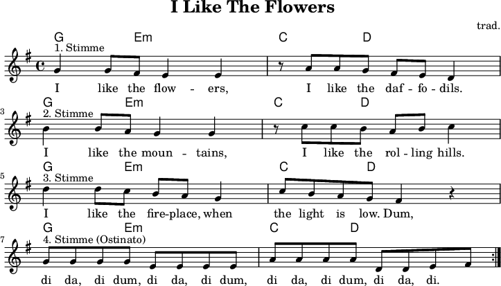 

\version "2.20.0"
\header {
 title = "I Like The Flowers"
 composer = "trad."
 % arranger = "arr: ccbysa Mjchael"
}

myChords = \chordmode {
  \set Staff.midiInstrument = #"acoustic guitar (nylon)"
  % Akkorde nur beim Wechsel Notieren
  \set chordChanges = ##t
   g,,4 8 e,4:m e,8:m e,4:m |  c,4 8 d,4 8 4
   g,,4 8 e,4:m e,8:m e,4:m |  c,4 8 d,4 8 4
   g,,4 8 e,4:m e,8:m e,4:m |  c,4 8 d,4 8 4
   g,,4 8 e,4:m e,8:m e,4:m |  c,4 8 d,4 8 4
}


myMelody = \relative c'' {
  \clef "treble"
  \time 4/4
  \tempo 4 = 120
  %Tempo ausblenden
  \set Score.tempoHideNote = ##t
  \key g\major
  \set Staff.midiInstrument = #"trombone"
  g4^"1. Stimme" g8 fis e4 e
  r8 a8 a g fis e d4 \break
  b'4^"2. Stimme" b8 a g4 g
  r8 c8 c b a b c4 \break
  d4^"3. Stimme" d8 c b a g4
  c8 b a g fis4 r4 \break
  g8^"4. Stimme (Ostinato)" g g g e e e e
  a8 a a a d, d e fis
  \bar ":|."
}


myLyrics = \lyricmode {
I like the flow -- ers, I like the daf -- fo -- dils.
I like the moun -- tains, I like the rol -- ling hills.
I like the fire -- place, when the light is low.
Dum, di da, di dum, di da, di dum, di da, di dum, di da, di.
}

\score {
  <<
    \new ChordNames { \myChords }
    \new Voice = "Song" { \myMelody }
    \new Lyrics \lyricsto "Song" { \myLyrics }
     % \new TabStaff { \myChords } % Test
  >>
  \midi { }
  \layout { }
}

% unterdrückt im raw="1"-Modus das DinA4-Format.
\paper {
  indent=0\mm
  % DinA4 0 210mm - 10mm Rand - 20mm Lochrand = 180mm
  line-width=180\mm
  oddFooterMarkup=##f
  oddHeaderMarkup=##f
  % bookTitleMarkup=##f
  scoreTitleMarkup=##f
}
