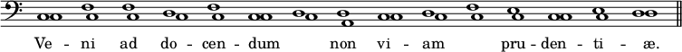 { \override Score.TimeSignature #'stencil = ##f \time 15/1 \clef bass << \new Voice = "CF" { c1 f f d f c d d c d f e c e d \bar "||" } \new Voice { \shiftOn c1 \shiftOff c c c c \shiftOn c \shiftOff c a, \shiftOn c \shiftOff c c c \shiftOn c \shiftOff c \shiftOn d } \new Lyrics \lyricsto "CF" { Ve -- ni ad do -- cen -- dum _ non vi -- am _ pru -- den -- ti -- æ. } >> }