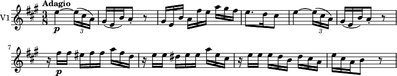 
\version "2.18.2"
 \new Staff \with { instrumentName = #"V1"}
 \relative c'' {
    \key a\major 
    \tempo "Adagio"
    \time 3/8
    \tempo 4 = 60 
     e4 \p ~\tuplet 3/2 {e16 (cis a)}
     \scaleDurations 2/3 {gis (e b')} a8-. r          
     \scaleDurations 2/3 {gis16 [e b'] a [fis' e] a [gis fis]}
     e8. d16 cis8
     e4 ~\tuplet 3/2 {e16 (cis a)}
     \scaleDurations 2/3 {gis (e b')} a8-. r   
     \scaleDurations 2/3 {r16 fis' \p [fis] eis [fis fis] a [fis d]}
     \scaleDurations 2/3 {r16 e [e] dis [e e] a [e cis]}
     \scaleDurations 2/3 {r16 e [e] e [d b] d [cis a]}
     \scaleDurations 2/3 {e' cis a} b8 r
 }
