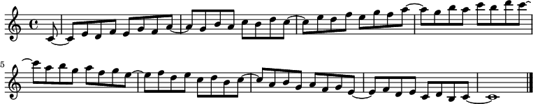 
{
\time 4/4
\partial 8

c'8~ | c' e' d' f' e' g' f' a'~ | a' g' b' a' c'' b' d'' c''~ | c'' e'' d'' f'' e'' g'' f'' a''~ | a'' g'' b'' a'' c''' b'' d''' c'''~ | c''' a'' b'' g'' a'' f'' g'' e''~ | e'' f'' d'' e'' c'' d'' b' c''~ | c'' a' b' g' a' f' g' e'~ | e' f' d' e' c' d' b c'~ | c'1

\bar "|."
}

