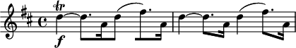 
\header {
  tagline = ##f
}

\score {
  \new Staff \with {

  }
<<
  \relative c'' {
    \key d \major
    \time 4/4
    \override TupletBracket #'bracket-visibility = ##f 
    \autoBeamOff

     %%%%%%%%%%%%%%%%%%%%%%%%%% K19
     d4\trill~\f d8.[ a16 d4( fis8.)[ a,16] d4~ d8.[ a16] d4( fis8.)[ a,16]

  }
>>
  \layout {
    \context {
      \remove "Metronome_mark_engraver"
    }
  }
  \midi {}
}
