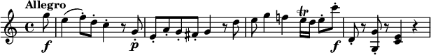 
\relative g'' {\set Staff.midiInstrument = #"violin"
  \key c \major \time 4/4
  \tempo "Allegro"
  \partial 8 g8 \f
  e4( f8-.) d-. c4-. r8 g-. \p
  e8-. a-. g-. fis-. g4 r8 d'
  e8 g4 f! e16 \trill d e8-. c'-. \f
  d,,8-. r <g g,>-. r <e c>4 r
} 