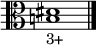 \relative c' {
     \clef alto
     \override Staff.TimeSignature #'stencil = ##f
     <b! dis>1_"3+"
     \bar "|."
   }