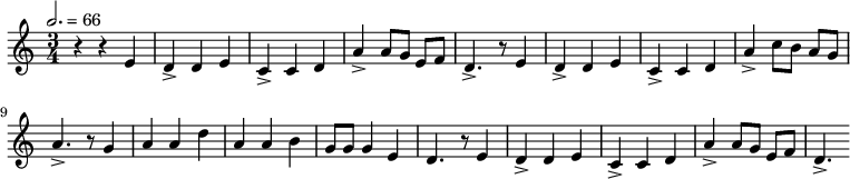 
{
    \relative g' {
      \set Staff.midiInstrument = #"oboe"
      \tempo 2. = 66
    \time 3/4
    r4 r4 e
     d-> d e
     c-> c d
     a'-> a8[ g] e8[ f]
     d4.-> r8 e4
     d-> d e
     c-> c d
     a'-> c8[ b] a8[ g]
     a4.-> r8 g4
     a a d
     a a b
     g8[ g] g4 e
     d4. r8 e4
     d-> d e
     c-> c d
     a'-> a8[ g] e8[ f]
     d4.->
    }
}
