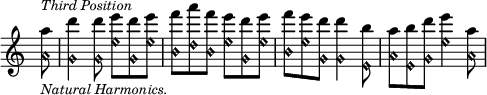 { \override Score.TimeSignature #'stencil = ##f \time 6/8 \partial 8 \relative a'' { <a a,\harmonic>8^\markup { \smaller \italic "Third Position" } _\markup { \smaller \italic "Natural Harmonics." } | <d g,,\harmonic>4 <d g,,\harmonic>8 <e e,\harmonic> <d g,,\harmonic> <e e,\harmonic> <f b,,\harmonic> <a d,,\harmonic> <f b,,\harmonic> <e e,\harmonic> <d g,,\harmonic> <e e,\harmonic> | <f b,,\harmonic> <e e,\harmonic> <d g,,\harmonic> <d g,,\harmonic>4 <b e,,\harmonic>8 <a a,\harmonic> <b e,,\harmonic> <d g,,\harmonic> <e e,\harmonic>4 <a, a,\harmonic>8 } }