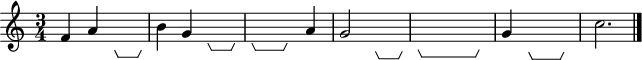 \version "2.18.2"
\header {
  tagline = ##f
}

\layout {
  \context {
    \Voice
    \consists "Horizontal_bracket_engraver"
  }
}

\relative c' {
  \time 3/4
  f a \hideNotes  c8\startGroup c\stopGroup \unHideNotes |
  b4 g \hideNotes g8\startGroup g\stopGroup |
  f4\startGroup f4\stopGroup \unHideNotes a4 |
  g2 \hideNotes b8\startGroup b8\stopGroup |
  c4\startGroup c c4\stopGroup \unHideNotes |
  g4 \hideNotes b4\startGroup b4\stopGroup |
  \unHideNotes c2.
  \bar "|."
}