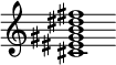 {
  % Rivin lopun pystyviiva ja tahtiosoitus piiloon.
  \override Score.BarLine.break-visibility = ##(#f #t #t)
  \override Staff.TimeSignature #'stencil = ##f
  
  <cis' eis' gis' b' dis'' fis''>1
}
