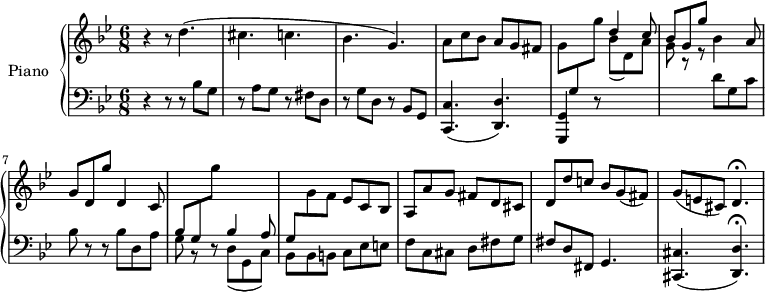 
\version "2.14.2"
\header {
  tagline = ##f
}
upper = \relative c'' {
  \clef treble 
  \key bes \major
  \time 6/8
  \tempo 4 = 172
  \tempo "Presto"
  %\autoBeamOff

  r4 r8 d4.( cis c! bes g) | 
 %%% mesure 4
  a8 c bes a g fis | g \change Staff = "lower" g, \change Staff = "upper" g'' 
 %%% fin de la mesure 5, début 6
  << { d4 c8 bes8 g g' } \\ { bes,(d,) a' g r8 r8 } >> 
  bes4 a8 | 
 %%% mesure 7
  g d g' d,4 c8 |
 %%% mesure 8
  \change Staff = "lower" bes g \change Staff = "upper" g'' s4.
  %%% \change Staff = "lower" bes,,4 a8 |
  %%% mesure 9
  \change Staff = "lower" g,,8 \change Staff = "upper" g' f ees c bes | a a' g fis d cis | d d' c! bes g( fis) |
  g( e! cis) d4.\fermata

}

lower = \relative c {
  \clef bass
  \key bes \major
  \time 6/8
    
   r4 r8 r8 bes' g r8 a g r8 fis d | r8 g d r8 bes g | < c c, >4.( < d d, >) | < g, g, >4 r8 
   %%%% \change Staff = "upper"  \change Staff = "lower" 
   s4. s4. d''8 g, c bes r8 r8 bes8 d, a' | 
   %%% mesure 8
   g r8 r8 << { bes4 a8 } \\ { d,( g, c) } >>
   %%% mesure 9 
   << { s4. } \\ { bes8-\! bes b! } >> c ees e! f c cis d fis g fis d fis, g4. | < cis cis, >4.( < d d, >)\fermata
   
}

\score {
  \new PianoStaff <<
    \set PianoStaff.instrumentName = #"Piano"
    \new Staff = "upper" \upper
    \new Staff = "lower" \lower
  >>
  \layout {
    \context {
      \Score
      \remove "Metronome_mark_engraver"
    }
  }
  \midi { }
}
