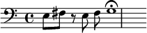 \relative c {\clef "bass" e8 fis r e fis g1^\fermata}